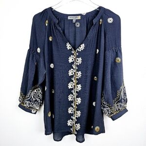 Figueroa and Flower Navy Blue Estilo Embroidered Boho Balloon Sleeve Blouse NWT